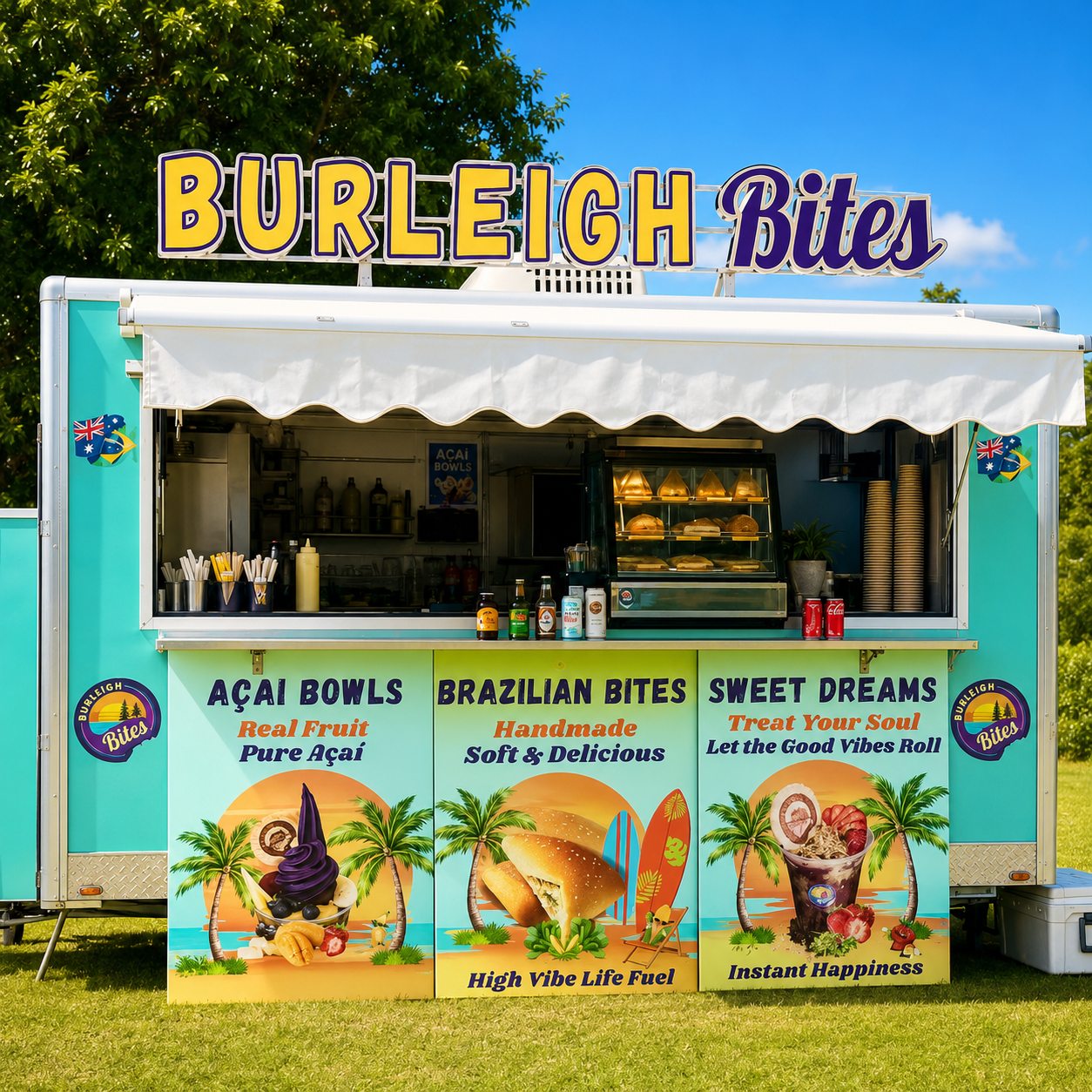 Colorful food truck named 'Burleigh Bites' with various food items displayed.