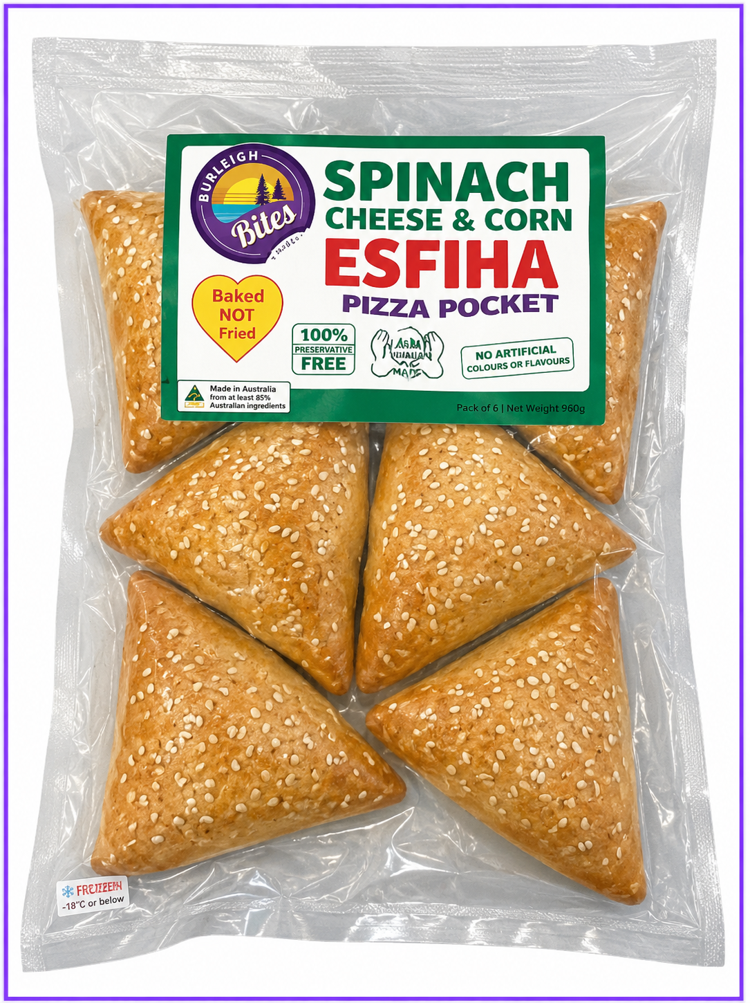 Spinach, Cheese & Corn Esfiha - Frozen 6 Pack Large