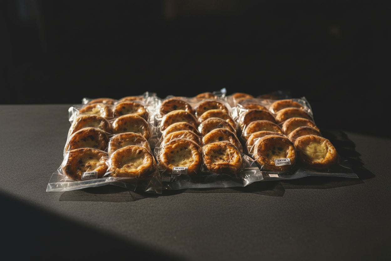 Packaged pastries on a metal surface with a blurred background